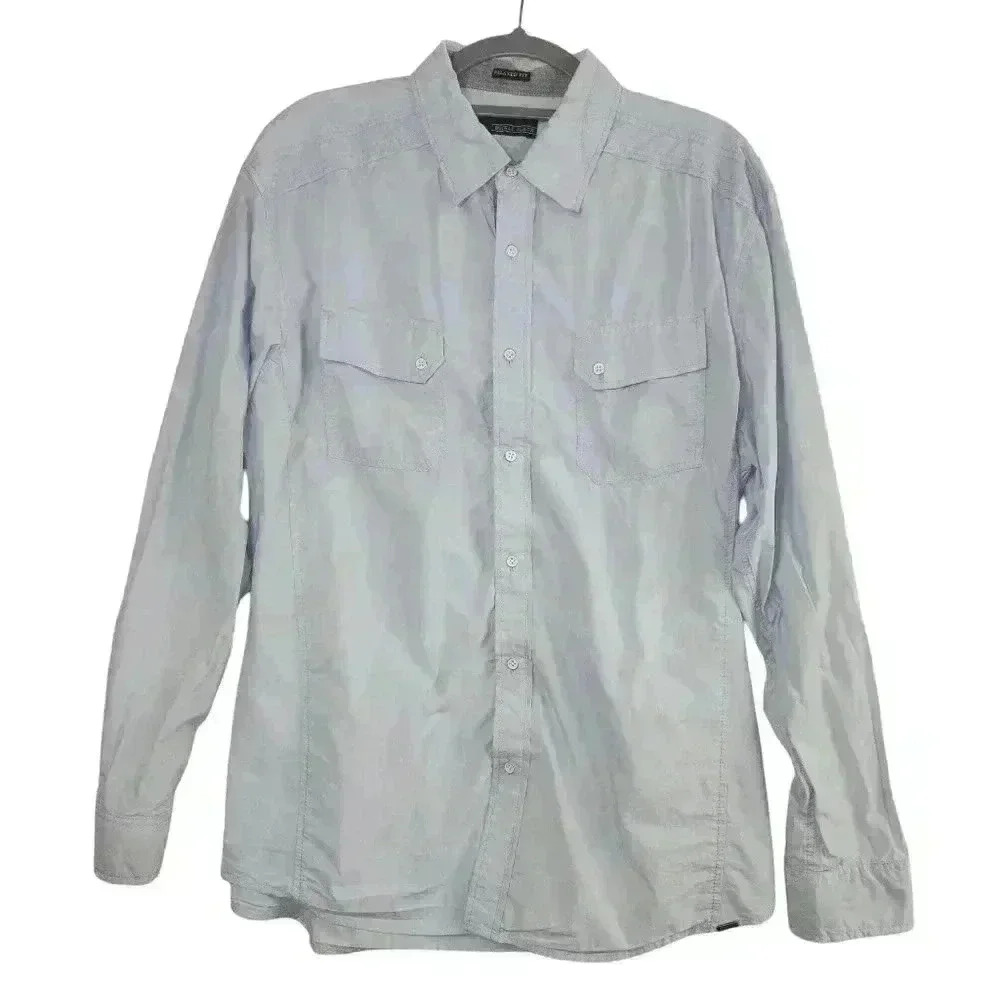 Buckle Black Button Up Shirt Size L Long Sleeve Blue Grey Button Pockets *READ*